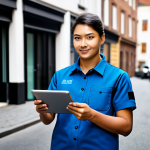 A professional delivery specialist in a modern, practical uniform, holding a tablet displaying a real-time delivery map. They are standing confidently on a vibrant urban street, with sleek, eco-friendly delivery vehicles visible in the background. The scene conveys efficiency and high-tech precision. fully clothed, modest clothing, appropriate attire, professional dress, perfect anatomy, correct proportions, natural pose, well-formed hands, proper finger count, natural body proportions, safe for work, appropriate content, professional, family-friendly, high-quality, ultra-realistic.