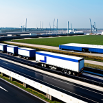 **

A modern logistics center exterior at daytime, featuring trucks loading/unloading goods. Focus on illustrating efficient transportation infrastructure with highways, roads, and connections to a nearby port in the background. Professional photography, perfect anatomy, natural proportions, safe for work, appropriate content, fully clothed. Depict a busy, active scene, showcasing logistical efficiency.

**