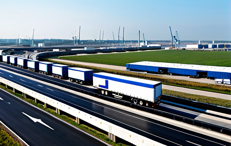 **
A modern logistics center exterior at daytime, featuring trucks loading/unloading goods. Focus on illustrating efficient transportation infrastructure with highways, roads, and connections to a nearby port in the background. Professional photography, perfect anatomy, natural proportions, safe for work, appropriate content, fully clothed. Depict a busy, active scene, showcasing logistical efficiency.
**