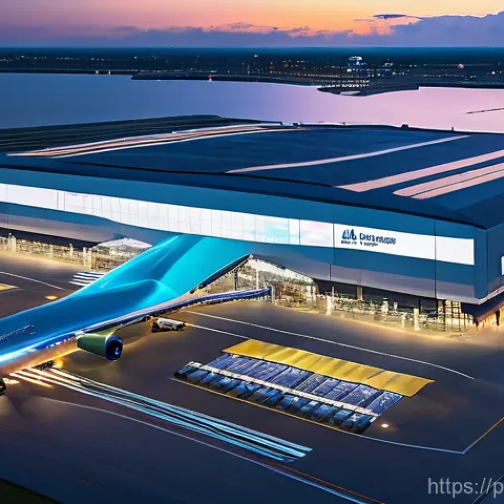 항공 물류 최적화 - **Prompt: "A sleek, modern air cargo terminal at dusk, bathed in the glow of advanced technology. Au...