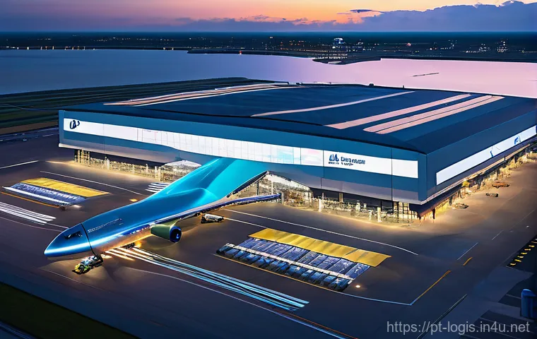 항공 물류 최적화 - **Prompt: "A sleek, modern air cargo terminal at dusk, bathed in the glow of advanced technology. Au...