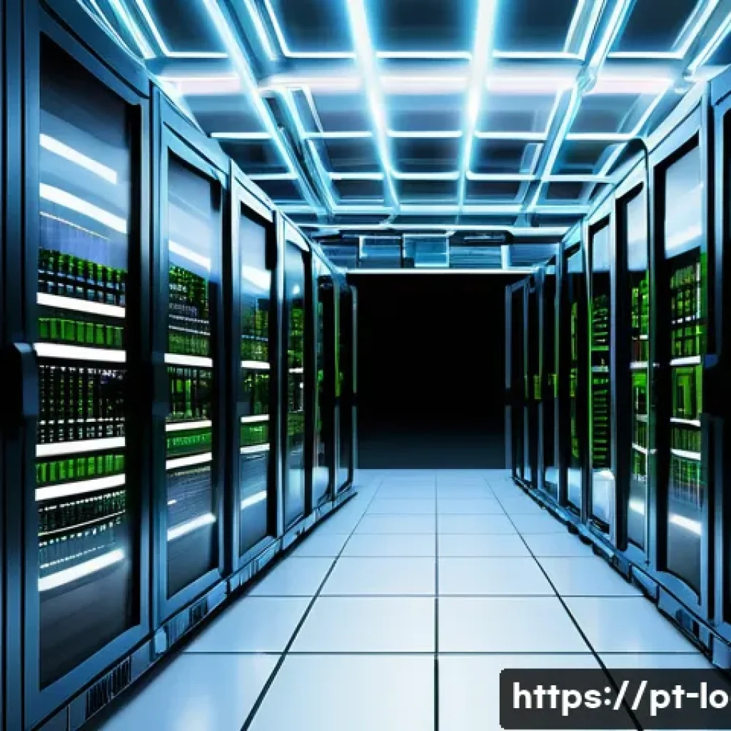 포워딩 Forwarding 개념 - A detailed digital illustration of a modern data center network room, showcasing rows of high-tech r...