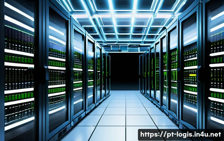 포워딩 Forwarding 개념 - A detailed digital illustration of a modern data center network room, showcasing rows of high-tech r...