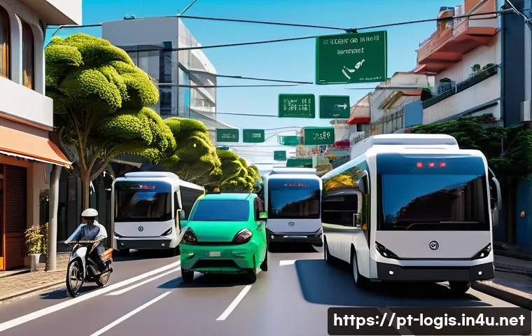물류 경로 최적화 알고리즘 - A futuristic city street scene in Brazil featuring a diverse fleet of delivery vehicles including la...