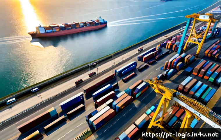 Home 17 국제 물류 흐름 분석 - Photorealistic aerial view of a major Brazilian Atlantic container port at sunrise, cargo ships dock...