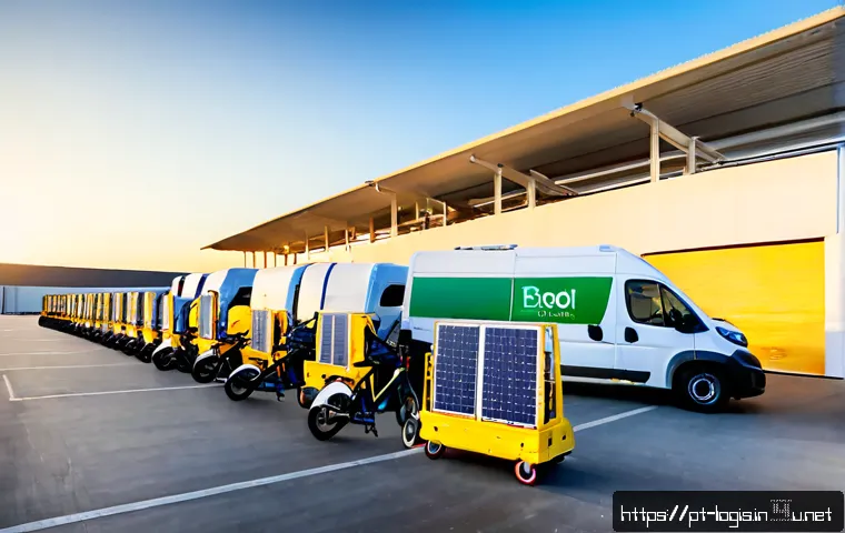 Home 17 탄소중립 물류 전략 - Photorealistic wide-angle view of a modern Portuguese logistics hub near Lisbon at sunrise, electric...